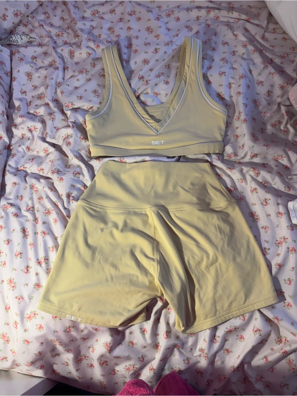 SET Active Pale Yellow V-Neck Sports Bra and High-Waist Shorts Set